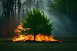 a tree is burning in the middle of a field. AI-Generated photo