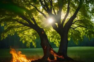 a tree with flames and a sun shining through it. AI-Generated photo