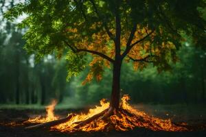 a tree with flames and a fire in the middle of the forest. AI-Generated photo