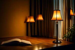 a lamp and book on a table in front of a window. AI-Generated photo