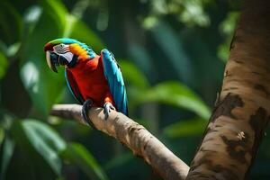 a colorful parrot sits on a branch in the jungle. AI-Generated photo