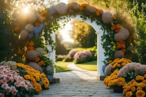 an archway with flowers and plants in the garden. AI-Generated photo