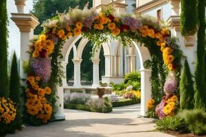 a beautiful archway with flowers and plants. AI-Generated photo