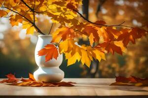 autumn leaves in a vase on a table. AI-Generated photo