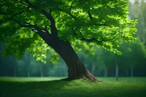 un árbol es en pie en el medio de un verde campo. generado por ai foto