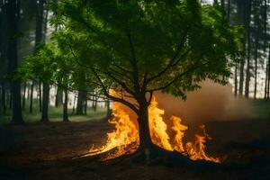 a tree is burning in the middle of a forest. AI-Generated photo