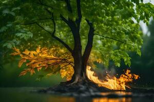 a tree with flames coming out of it. AI-Generated photo