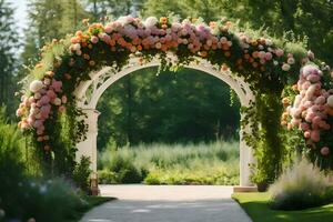 a wedding arch with pink and orange flowers. AI-Generated photo