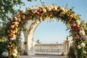 a wedding arch decorated with flowers. AI-Generated photo