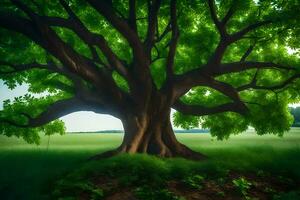 a large tree in a field with green leaves. AI-Generated photo