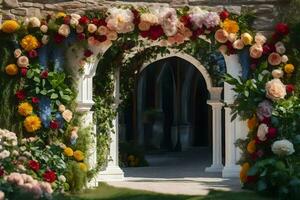 a flower archway is decorated with colorful flowers. AI-Generated photo