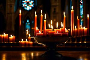 candles in a church with candles lit in the background. AI-Generated photo