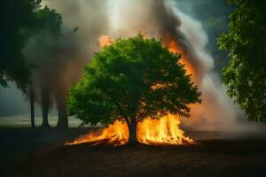 a tree is burning in the middle of a field. AI-Generated photo