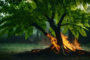 a tree with flames and leaves in the forest. AI-Generated photo