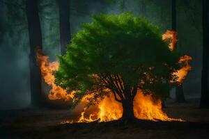 un árbol es ardiente en el medio de un bosque. generado por ai foto