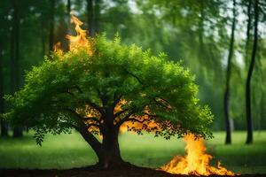 a tree with fire coming out of it in the middle of a field. AI-Generated photo