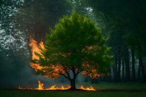 a tree with flames coming out of it in the middle of a field. AI-Generated photo