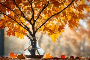 autumn leaves in a vase on a table with a bright sun. AI-Generated photo