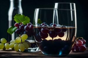 a glass of wine and grapes on a table. AI-Generated photo