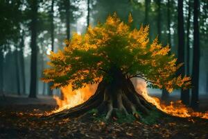 a tree with a fire in the middle of the forest. AI-Generated photo