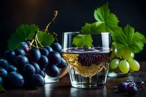 uvas y vino en un vaso en un oscuro mesa. generado por ai foto