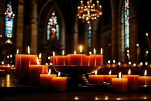 velas son iluminado en un Iglesia con velas generado por ai foto