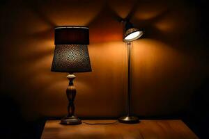 un lámpara y un mesa en el oscuro. generado por ai foto