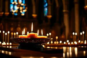 candles are lit in a church with candles in the background. AI-Generated photo