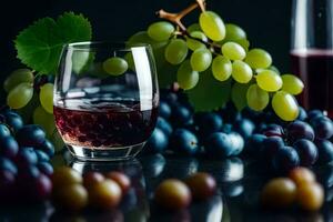 vino y uvas en un negro antecedentes. generado por ai foto