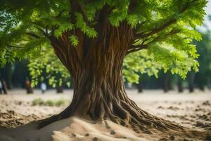 a tree in the middle of a sandy field. AI-Generated photo