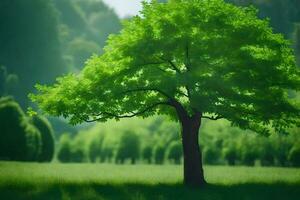 a tree in a green field with trees in the background. AI-Generated photo