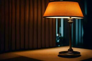 a lamp is on a table in front of a curtain. AI-Generated photo