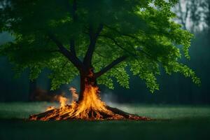 a tree with fire coming out of it in the middle of a field. AI-Generated photo