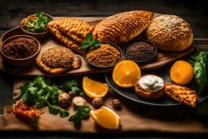 a variety of food on a wooden table. AI-Generated photo