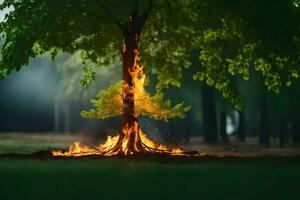 a tree with flames coming out of it in the middle of a field. AI-Generated photo