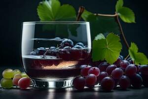 un vaso de vino con uvas en un oscuro antecedentes. generado por ai foto