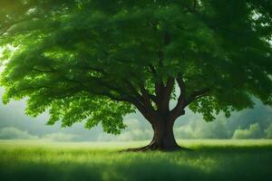 a large tree in the middle of a green field. AI-Generated photo