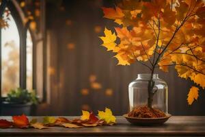 autumn leaves in a jar on a table. AI-Generated photo