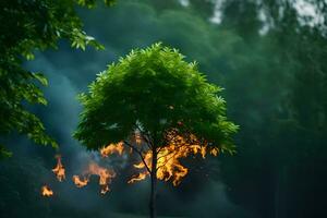 a tree with flames coming out of it in the middle of the forest. AI-Generated photo
