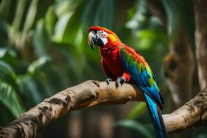 a colorful parrot sits on a branch in the jungle. AI-Generated photo