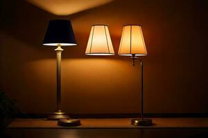 two lamps are on a table in front of a wall. AI-Generated photo