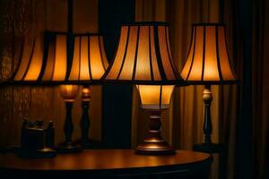 Tres lamparas son iluminado en un oscuro habitación. generado por ai foto