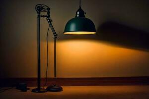 un lámpara con un verde sombra y un lámpara en el piso. generado por ai foto