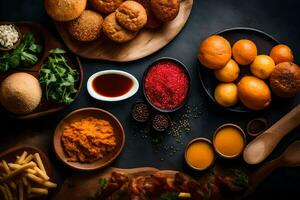 varios comidas incluso francés papas fritas, carne, y un pan en un mesa. generado por ai foto