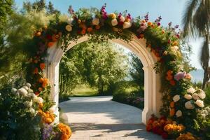 un arco con flores y verdor. generado por ai foto