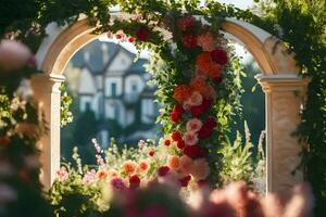 a flower archway in front of a house. AI-Generated photo