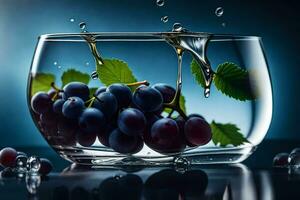 uvas en un vaso con agua y hojas. generado por ai foto