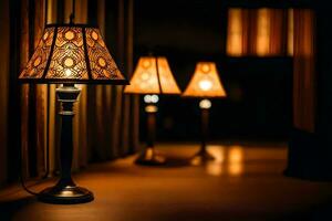 three lamps are sitting on a table in the dark. AI-Generated photo