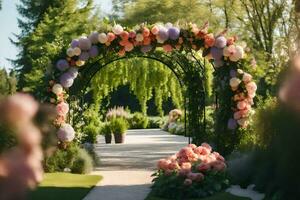 a wedding archway with flowers and greenery. AI-Generated photo