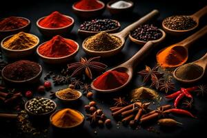 various spices and herbs in wooden spoons. AI-Generated photo